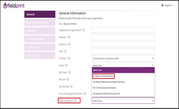 Screenshot to choose Fieldprint Virginia Agency