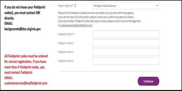 Screenshot of entering fieldprint codes