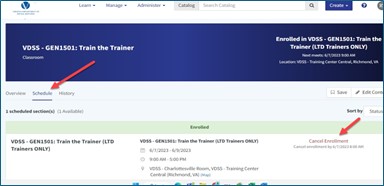 Where to cancel enrollment from schedule tab
